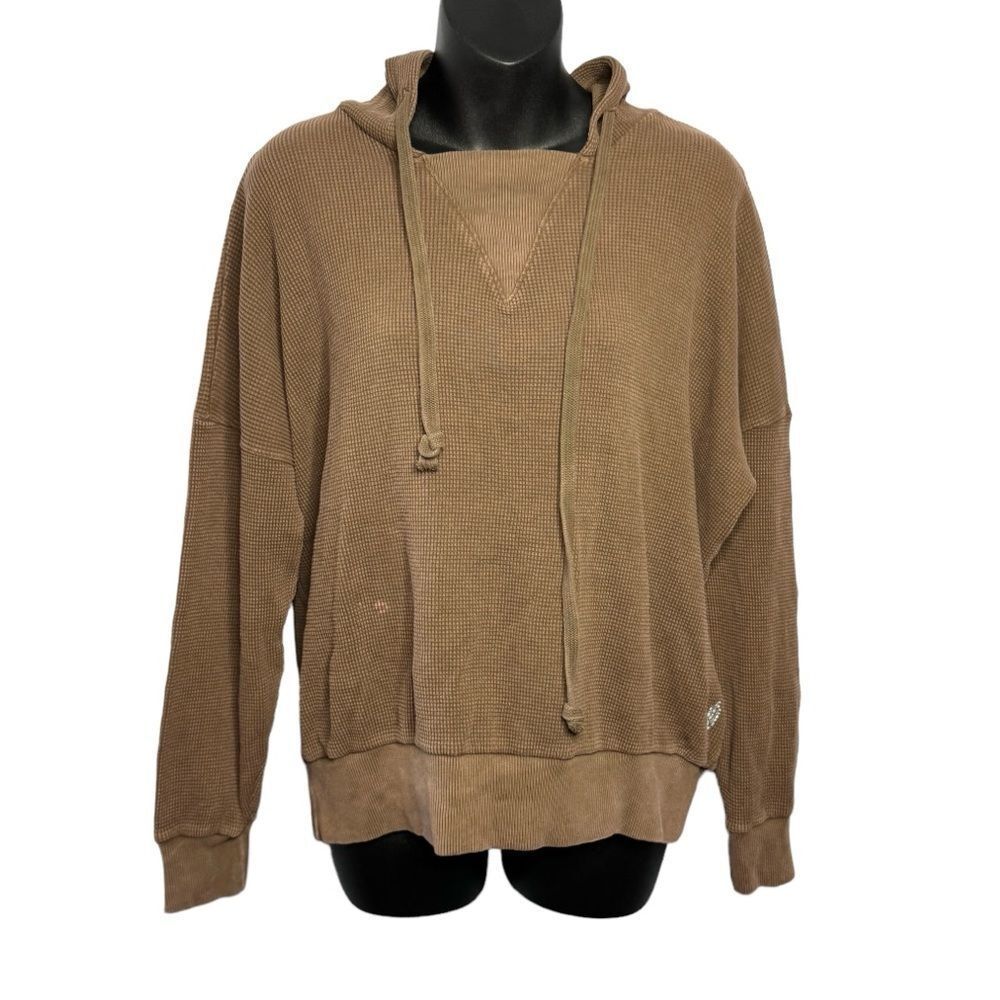 free people movement brown waffle knit thermal pullover hoodie size medium new - Picture 2 of 12